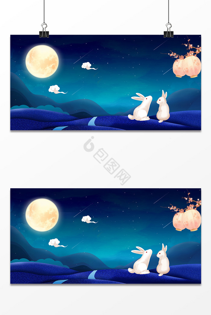 梦幻中秋节月亮玉兔灯笼广告图图片