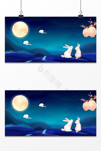唯美梦幻中秋节月亮玉兔灯笼广告背景图图片