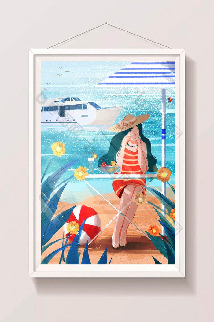 节气暑假海边度假游轮沙滩女孩插画