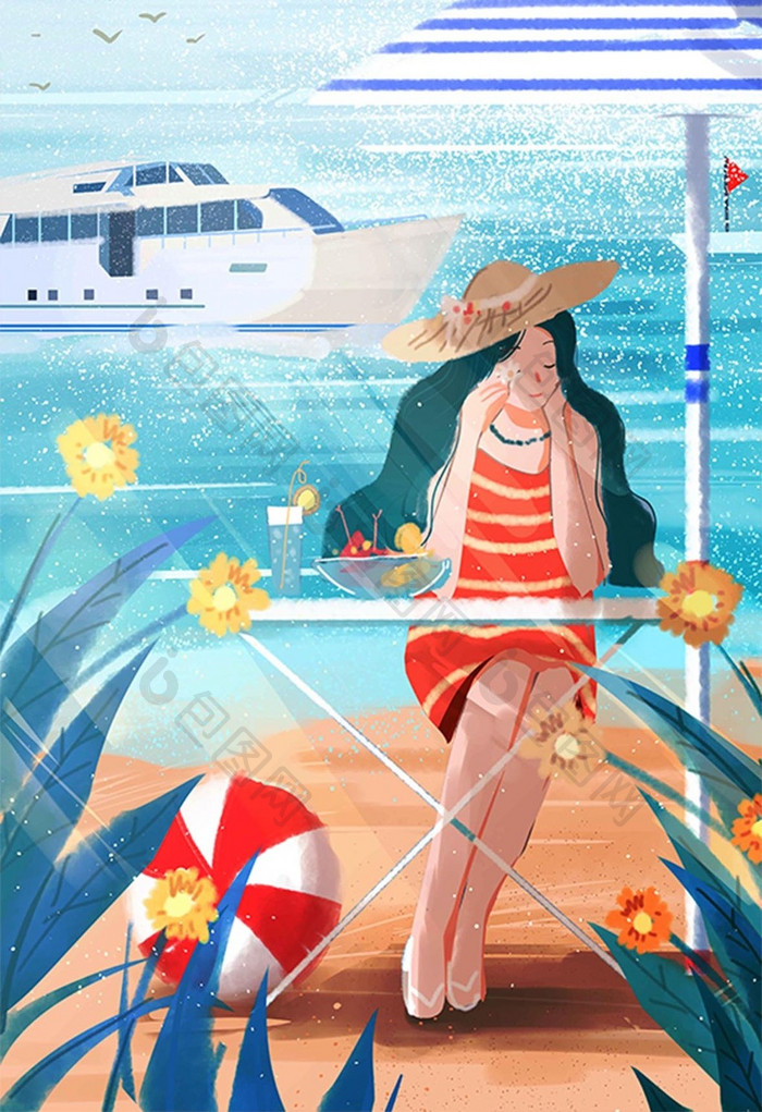 节气暑假海边度假游轮沙滩女孩插画