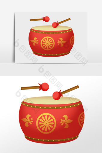 手绘中国风红色大鼓乐器插画图片