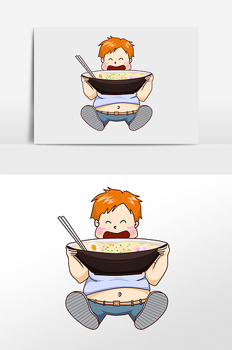 手绘暴饮暴食狂吃大碗面胖子插画