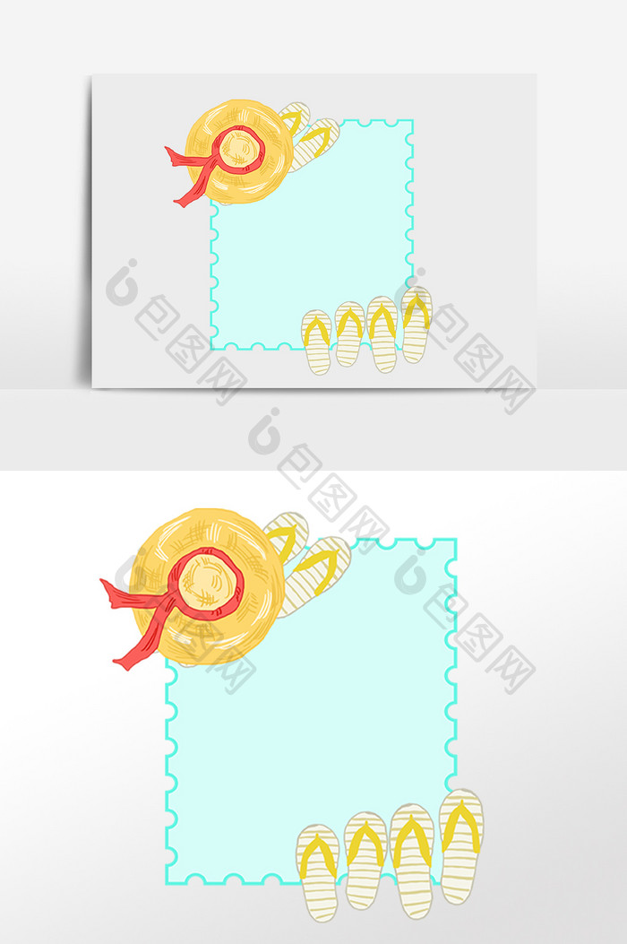 手绘夏季沙滩鞋帽子边框插画