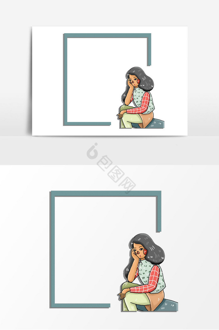 沉思者女孩装饰边框八一建军节女兵站立沉思易用卡通mg动画学习小男孩