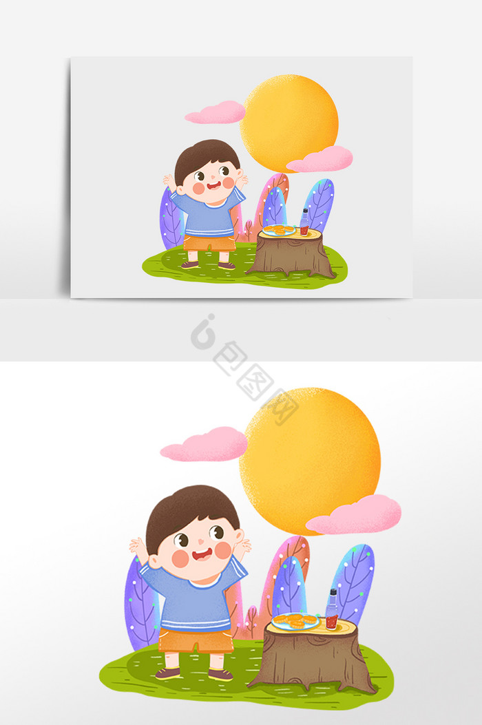 中秋节吃月饼小人插画图片