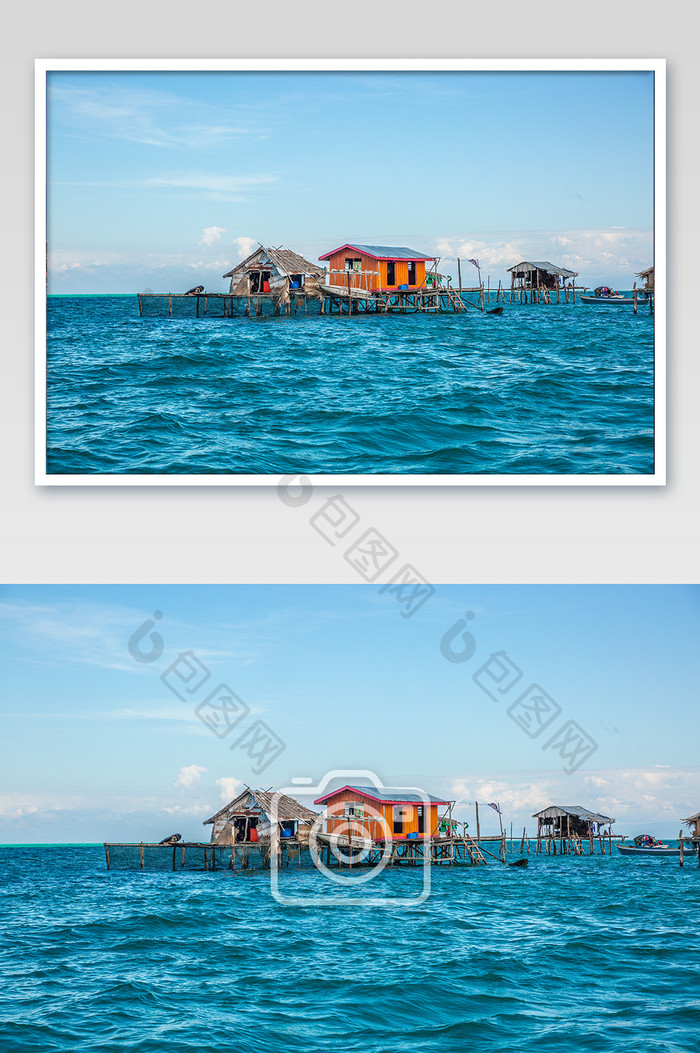 东南亚沙巴海上木屋摄影图片