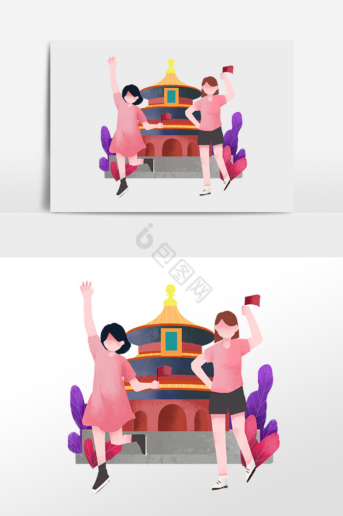 七十周年国庆节天坛旅游女孩插画图片