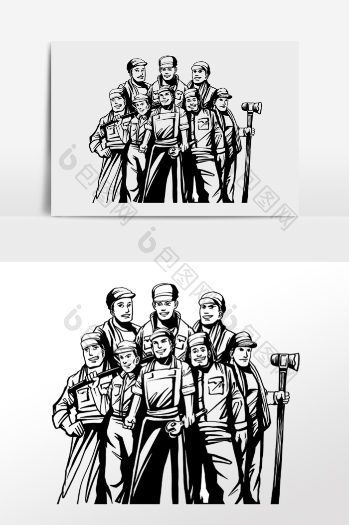 手绘劳动人民黑色剪影插画【psd素材】-包图网