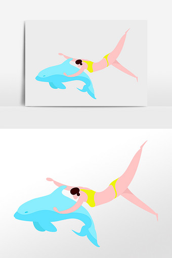 扁平化卡通美女和海豚一起游泳插画元素图片