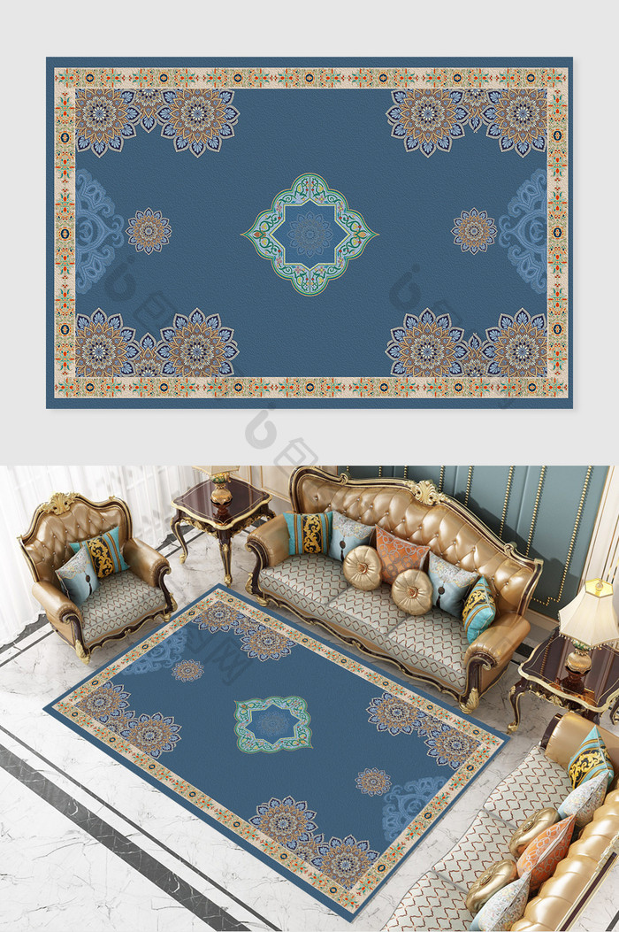 时尚简约欧式古典纹样蓝色边框奢华图案地毯