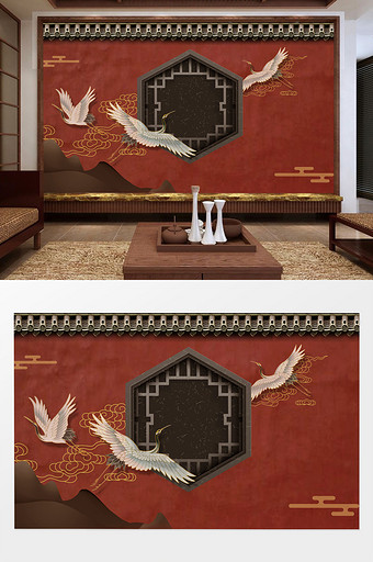 中式红色复古意境仙鹤背景墙图片