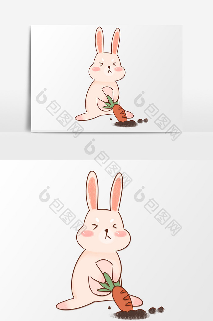 手绘卡通小清新中秋粉色兔子拔萝卜