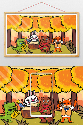 立秋秋天森林动物举行音乐会插画