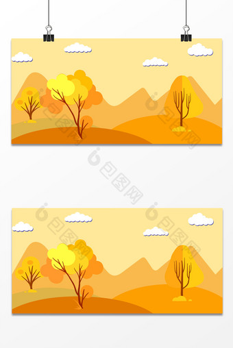 手绘卡通立秋秋季树木云彩远山背景图片