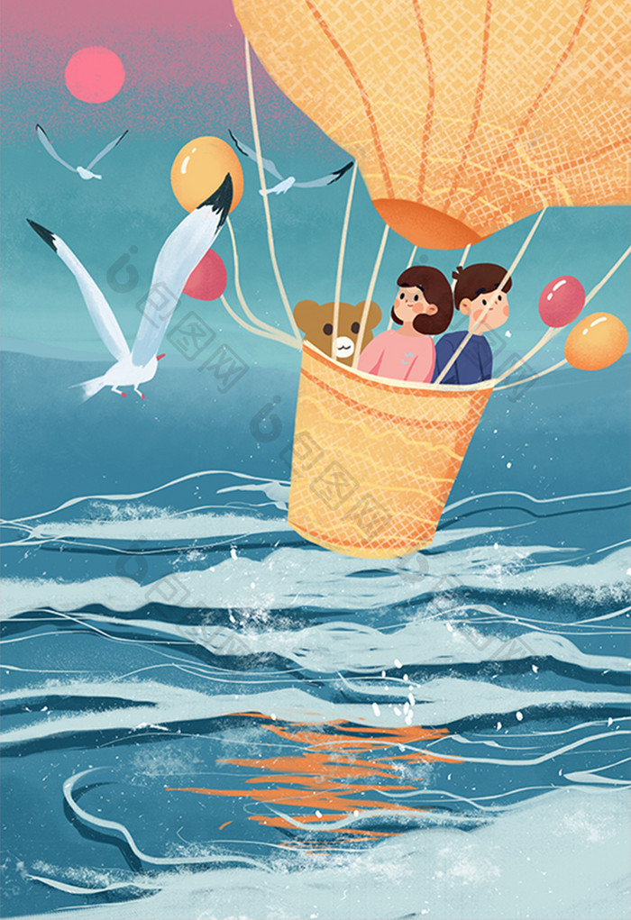 卡通扁平旅游度假蜜月氢气球大海插画