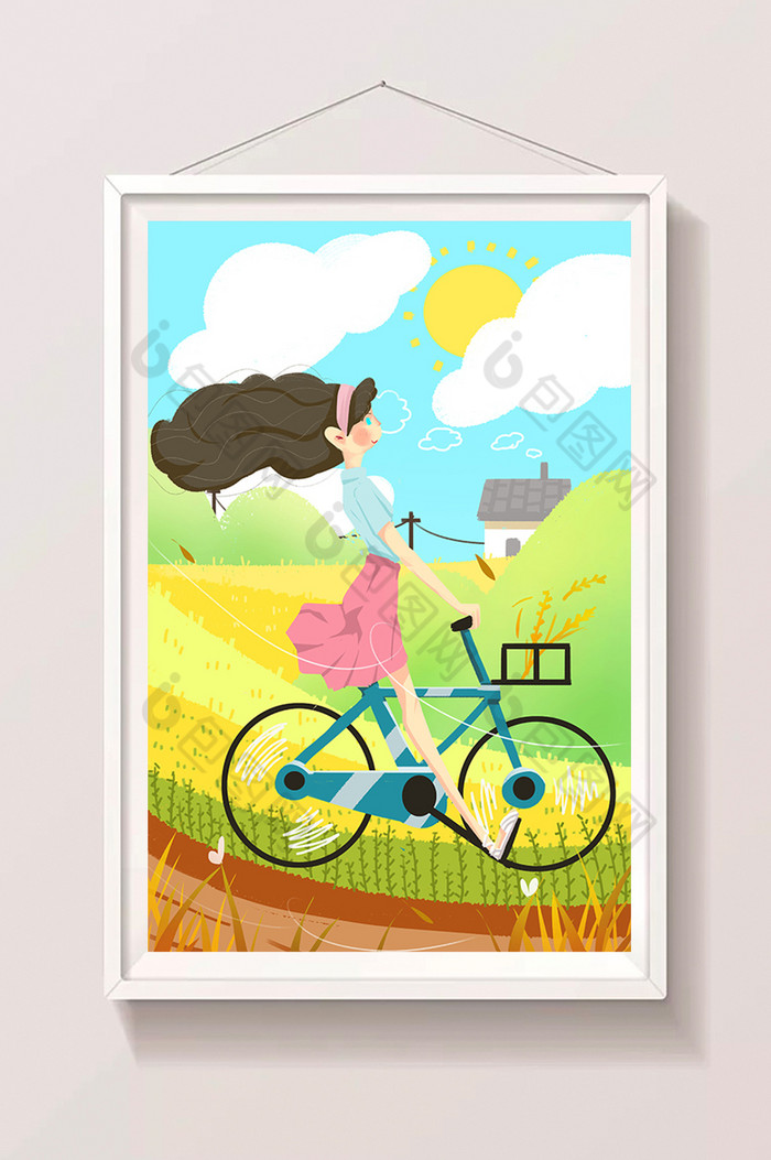 24节气小暑夏日夏季风景少女骑车插画图片图片