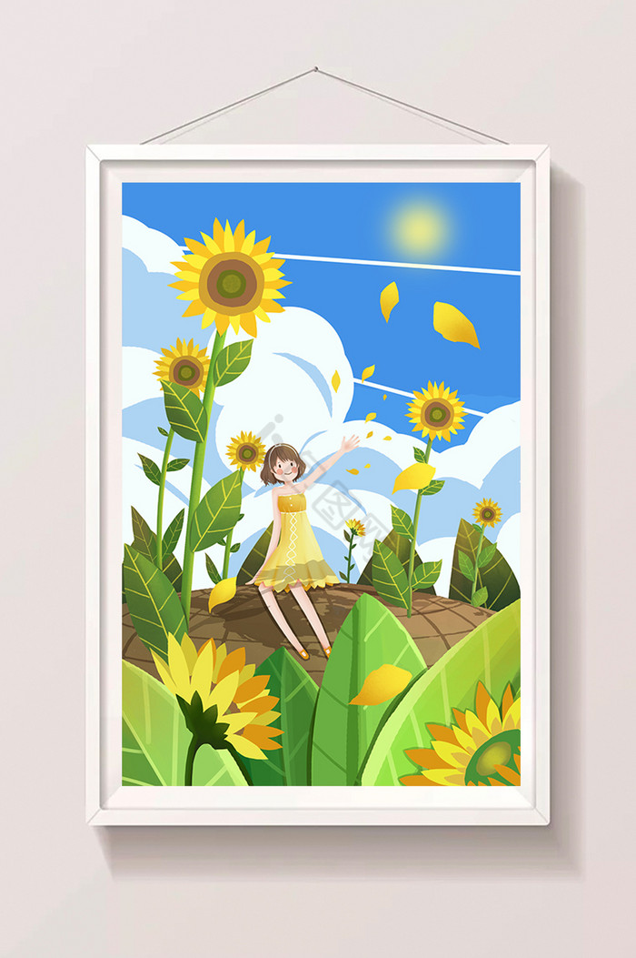 24节气小暑夏日夏季风景少女向日葵插画图片