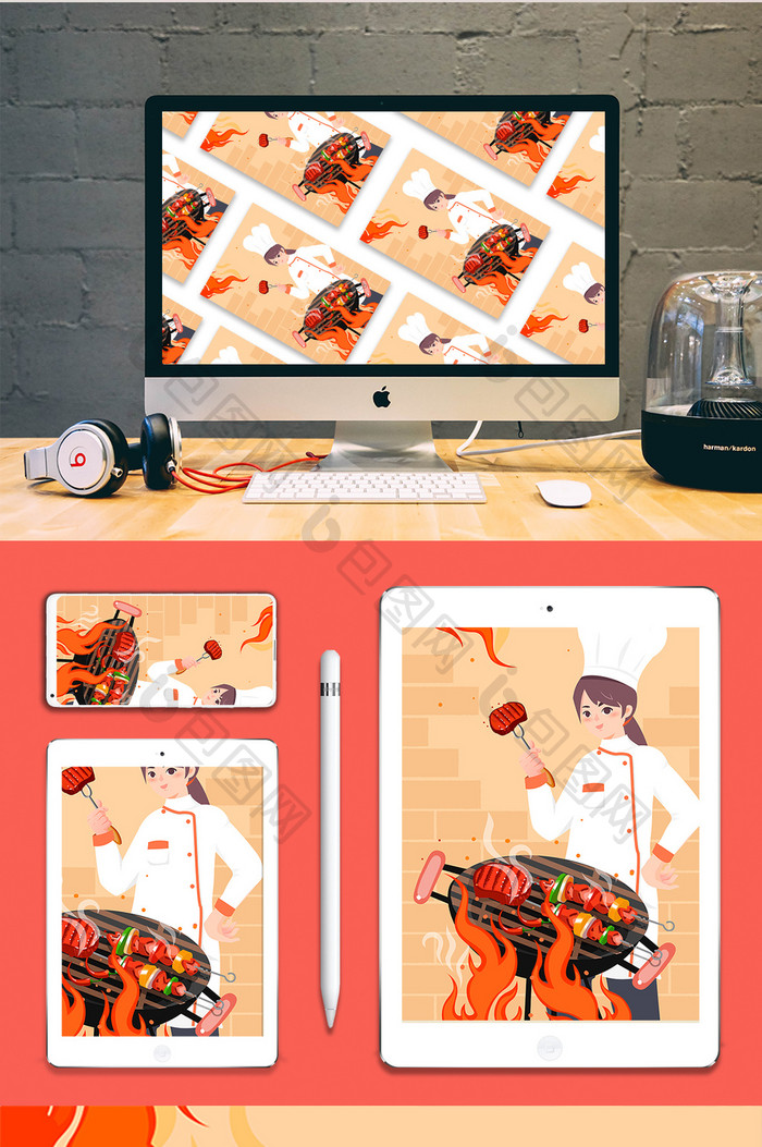 美食烧烤BBQ肉类食物厨师海报app插画