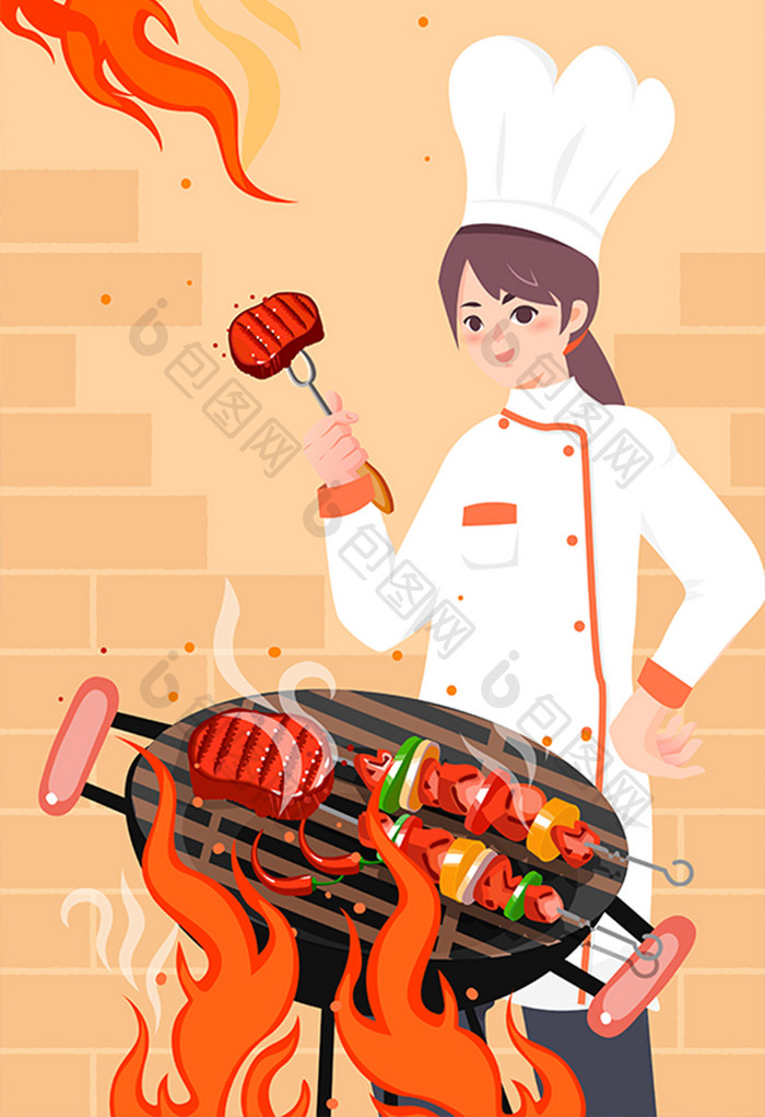 美食烧烤BBQ肉类食物厨师海报app插画