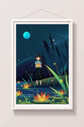24节气大暑少女放河灯夜景风景森林插画图片