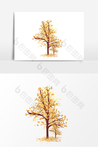 手绘秋天黄色的树落叶元素图片
