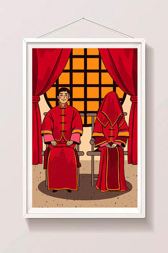红色喜庆中国风婚礼插画图片