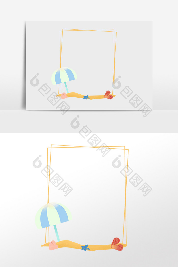 手绘夏季海滩遮阳伞贝壳边框插画