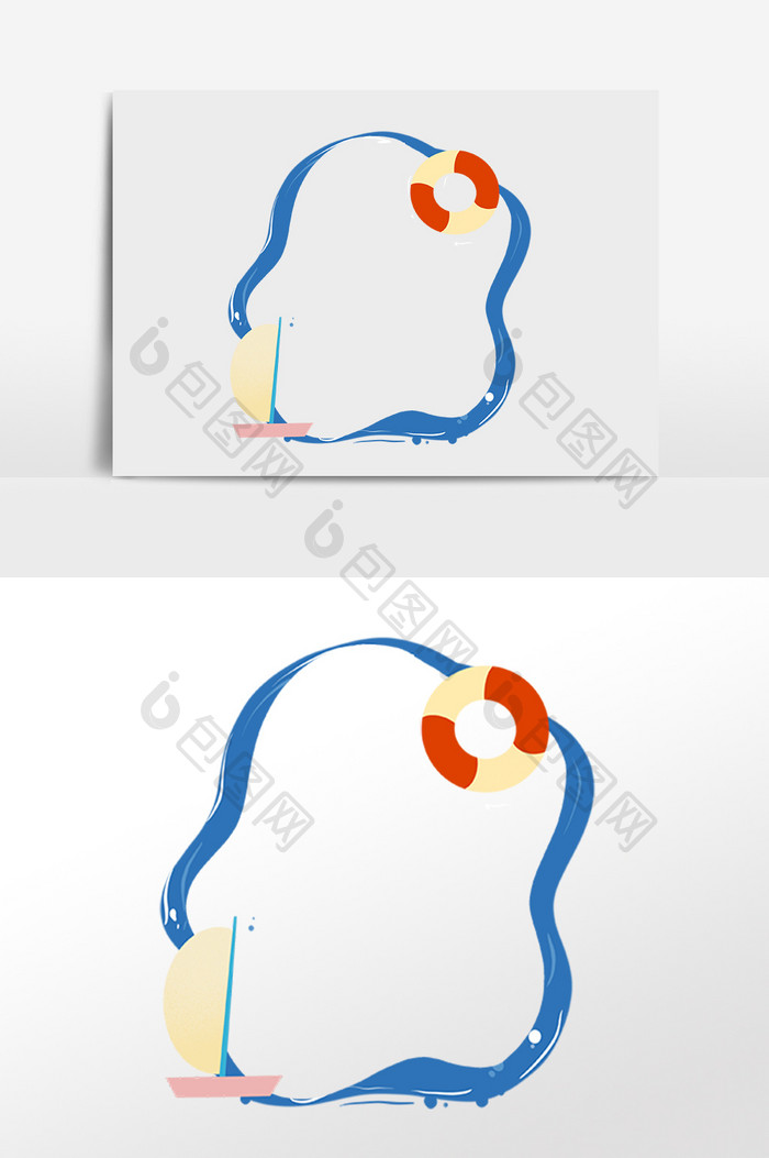 手绘夏季游泳圈帆船边框插画