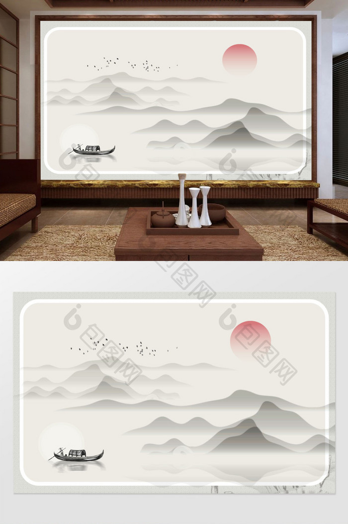手绘意境水墨中国风中式山水电视背景墙