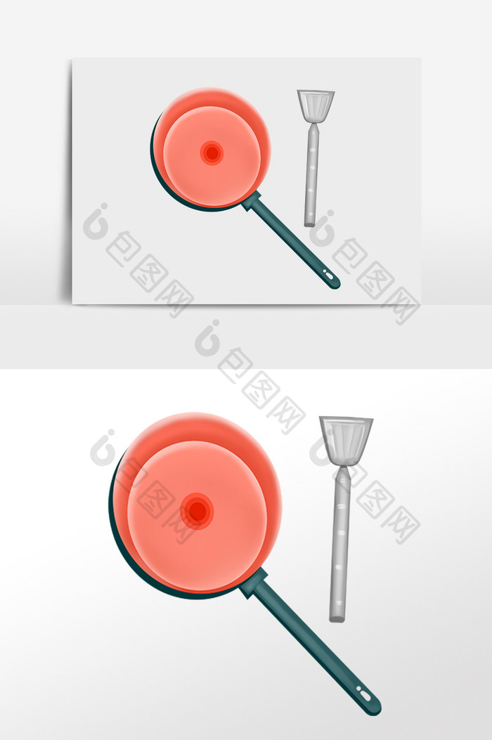 手绘餐饮厨具平底煎锅铲子锅插画