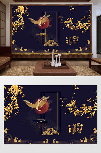 新中式金色花电视沙发背景墙壁画图片