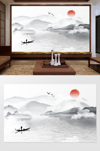 意境抽象水墨中式山水客厅背景墙壁画图片