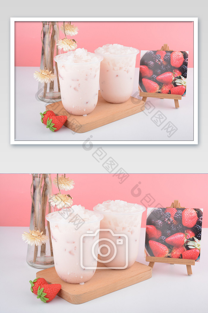 冰爽好美味的草莓椰果奶茶摄影图