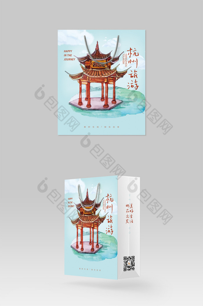 国风南方建筑杭州旅游手提袋包装图片图片