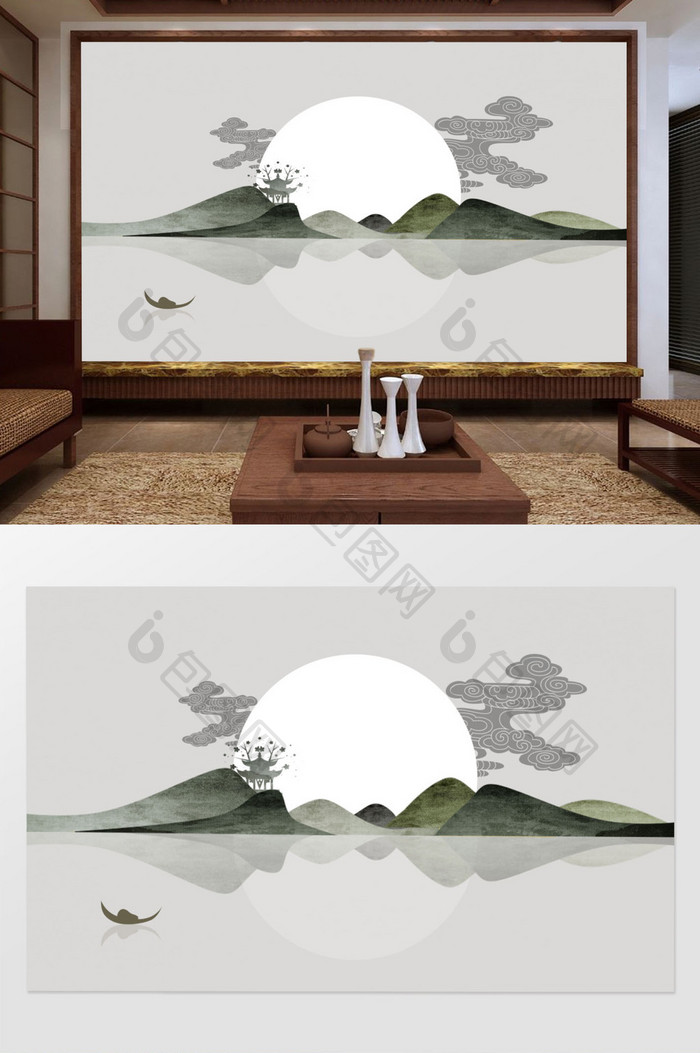 意境抽象中式水墨山水客厅背景墙壁画