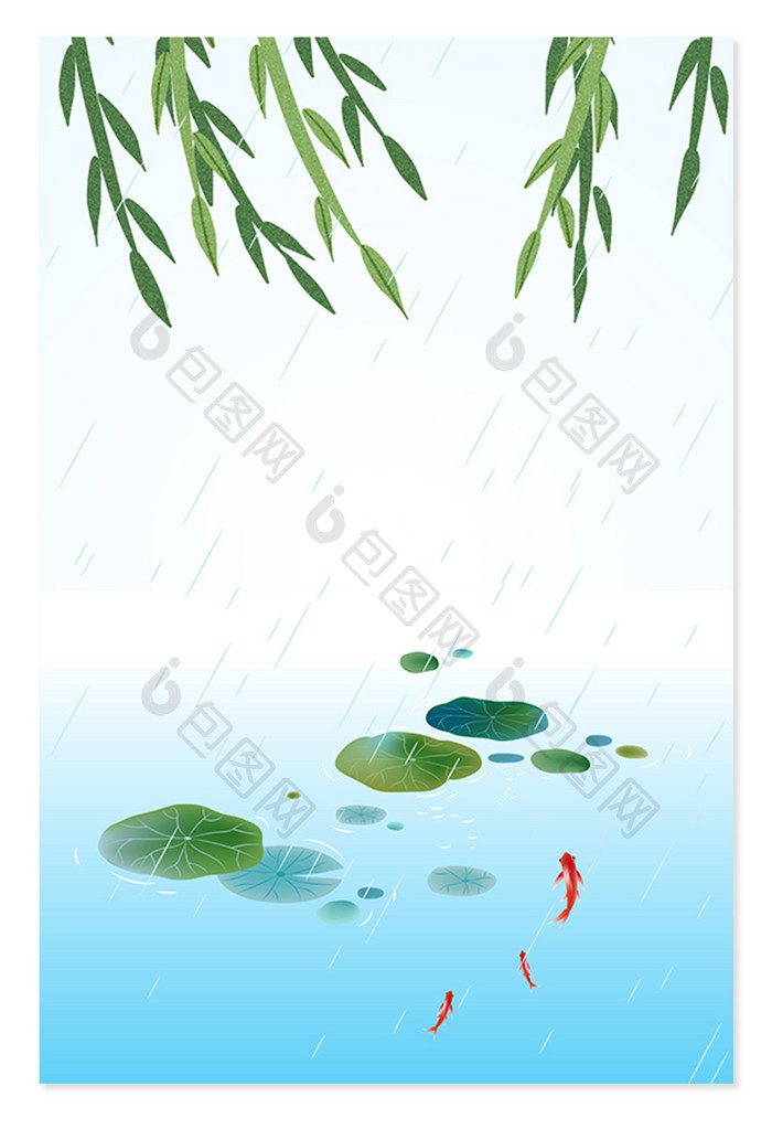 简约谷雨节气池塘荷花小鱼背景设计