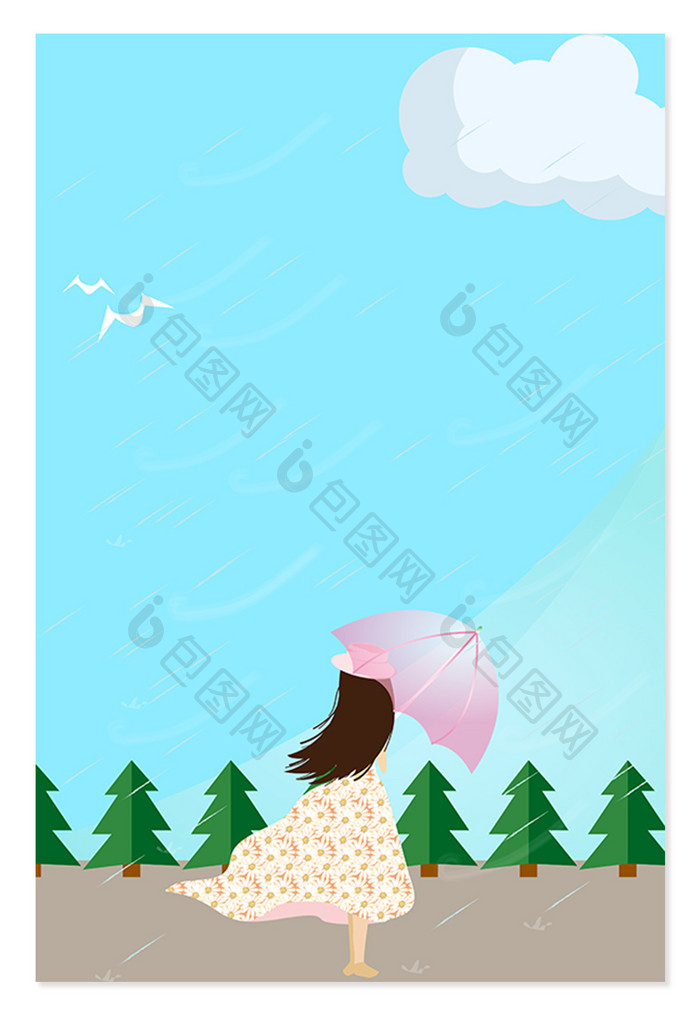 谷雨节气野外打伞的女孩背景设计