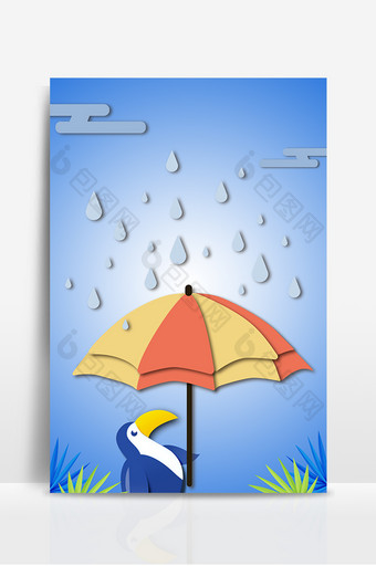 剪纸风谷雨节气打着伞的企鹅背景设计图片