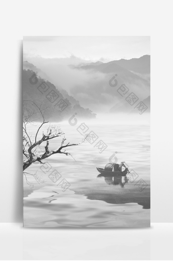 复古中国风水墨画枯树船只山水背景