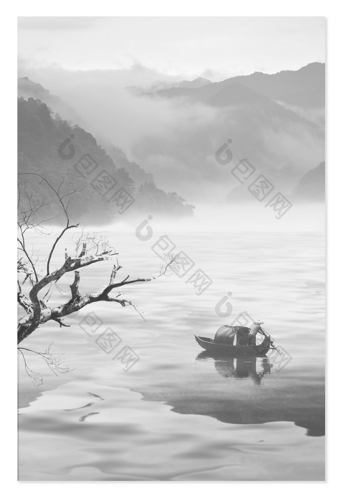 复古中国风水墨画枯树船只山水背景
