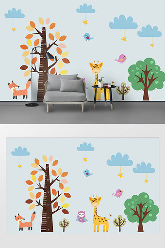 儿童房卡通动物树身高尺背景墙运云朵墙贴图片