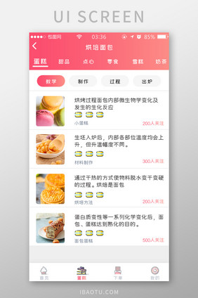 渐变红色扁平简约烘培面包列表UI移动界面