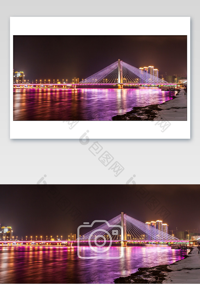 紫色灯光吊桥夜景摄影图片