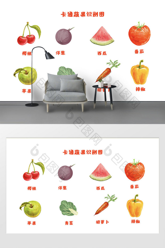 卡通手绘蔬菜水果识别图墙贴宝宝房间墙贴图片图片