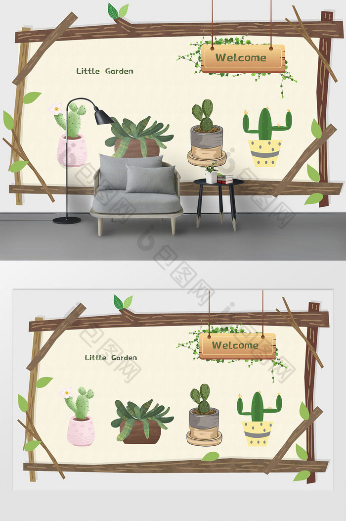卡通手绘绿植盆栽墙贴客厅墙贴装饰