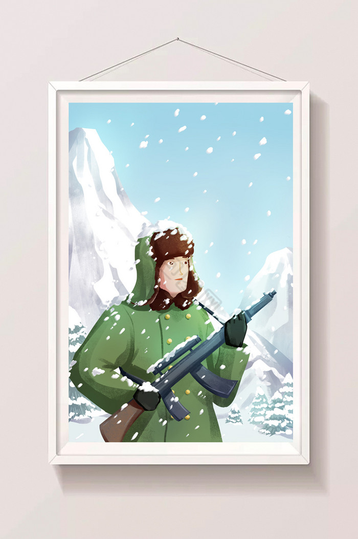 边疆战士雪中守护家园插画图片