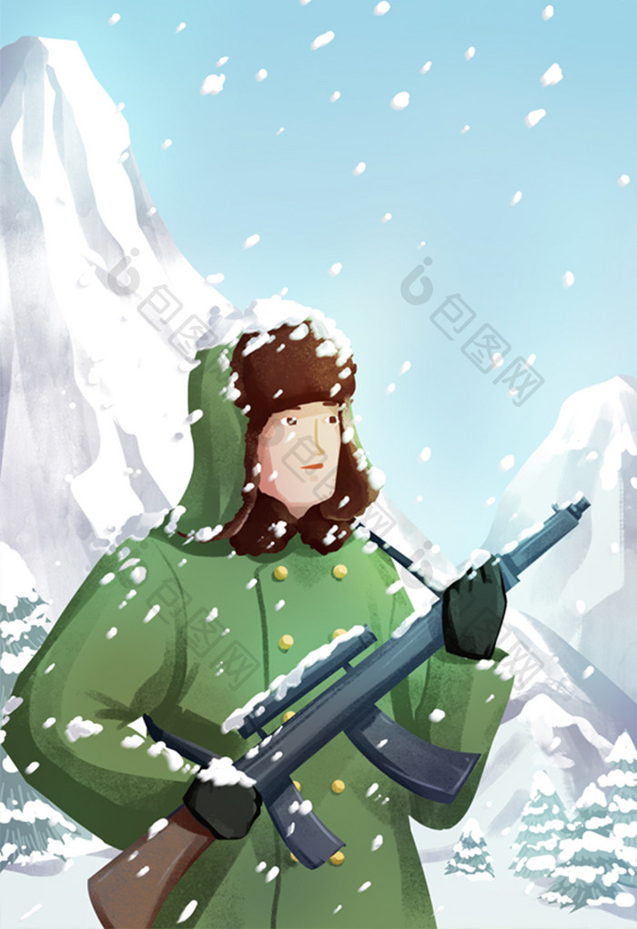 边疆战士雪中守护家园插画