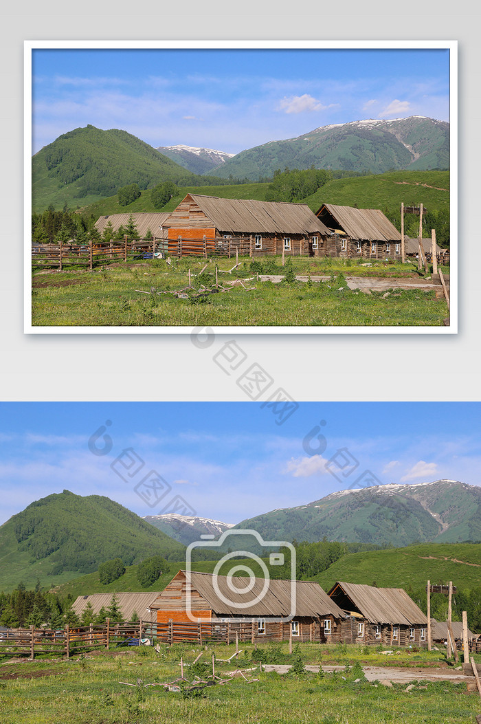 新疆禾木蓝天白云木房子摄影图