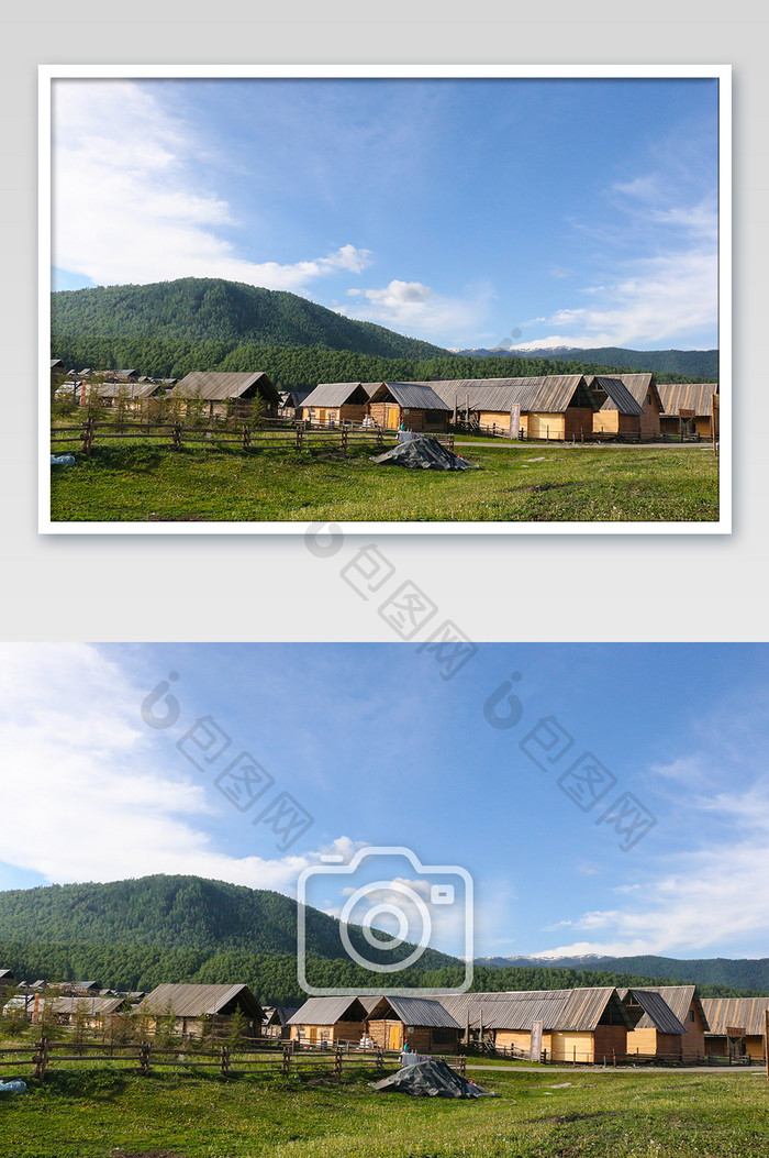 新疆禾木蓝天白云村落房子摄影图