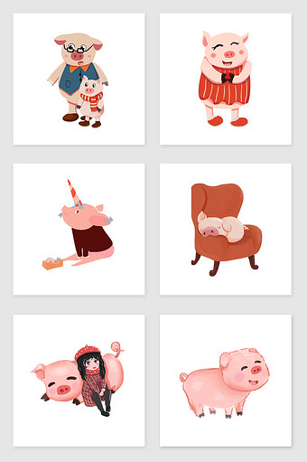 手绘粉色的猪套图插画元素图片